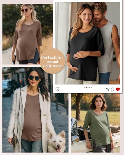 3 Pack Women's 3/4 Sleeve Maternity Loose Crewneck Tops - color: Gray Green, Coffee, Black, size: X-Large