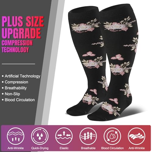 bropite Plus Size Compression Socks For Women&Men,Wide Calf Knee High Socks - color: 09 4 B-p-w-b Flower Plus, size: 3X-Large