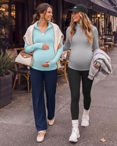 G4Free Lightbreeze Maternity Shirts Long Sleeve Quarter Zip Pregnancy Top - color: Light Blue, size: Large