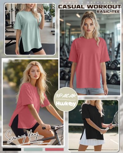 Huukeay 3 Pack Women's Oversized T Shirts Workout Tops - color: Black, Grey Green, Brick Red, size: Medium