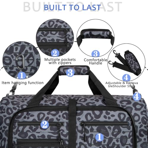 Goloni 65L Foldable Duffle Bag for Travel, Large Durable Travel Duffel Bag - color: Leopard Gray