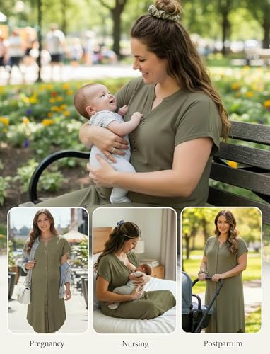 PATPAT Maternity Nursing Dress, Womens Button-Down Midi Dress with Pockets - color: Olive Green, size: Medium