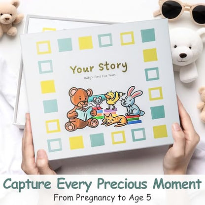 First Five Years Baby Book - Gender-Neutral Design, 77 Fill-In Pages, Hard Cover & Protective Box