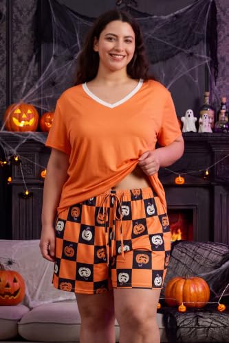 Plus Size Women Pajama Sets Summer Shorts Sleepwear V Neck PJS - color: Pumpkin, size: X-Large