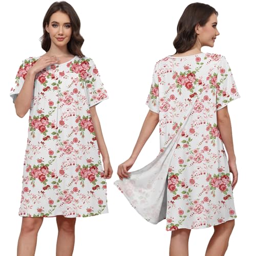 Hospital Gowns for Women Open Back Snap Post Shoulder Surgery Gown - color: Red and White Flower, size: Small