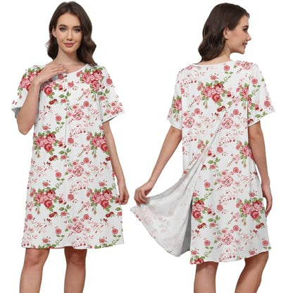 Hospital Gowns for Women Open Back Snap Post Shoulder Surgery Gown - color: Red and White Flower, size: Small