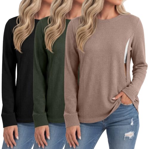 Neer 3 Pack Women's Nursing Hidden Zipper Long Sleeve Shirts - color: Coffee, Army Green, Black, size: Medium