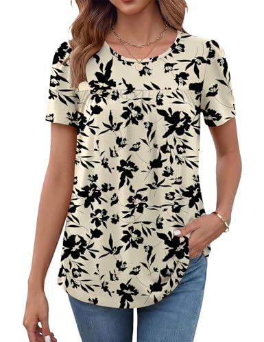 LUYAA Womens Dressy Casual Tops Short Sleeve Blouse Crew Neck Loose Fit Summer Clothes M-4XL - color: Apricot Black Floral, size: 3X-Large