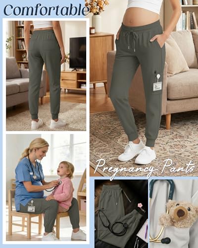 Xaatren Women's Maternity Scrub Joggers Pants with 6 Pockets - color: Army Green, size: Medium