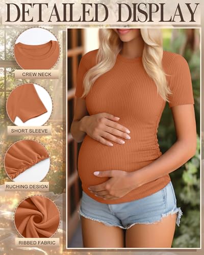 Ficerd 3 Pack Women's Short Sleeve Maternity Shirts - color: Light Army Green, Apricot, Pumpkin, size: Medium
