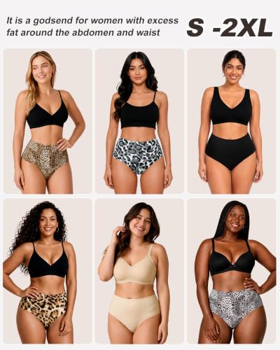 LEVAO 4-Pack Women Tummy Control Thong High Waist Seamless Underwear S-XXL - color: Coffee, Nude, Ink-wash Leopard Print, Brown Leopard Print, size: Small