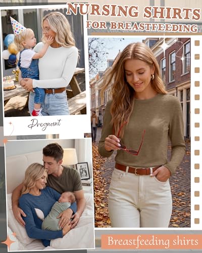 4 Pack Nursing Breastfeeding Tops with Hidden Zipper - color: Hazy Blue, Khaki, White, Black, size: Small