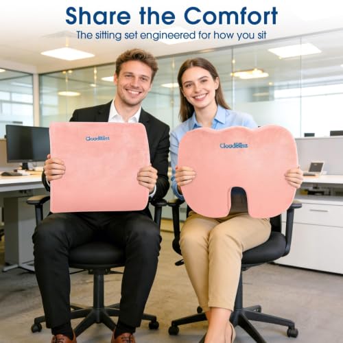 CloudBliss Ergonomic Seat Cushion & Lumbar Support Pillow Set, Pink, XL - color: Pink, size: X-Large