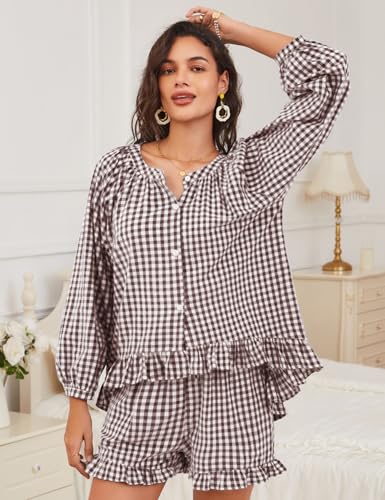 COZYPOIN Womens Gingham Pajama Set 2 Piece 100% Cotton Ruffle Lounge Set - color: Coffee, size: Medium