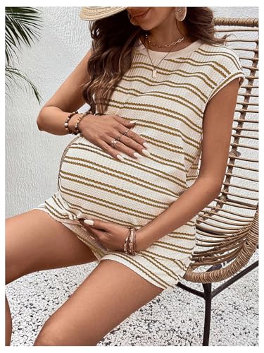 MakeMeChic Women Maternity Striped 2 Piece Short Sets - color: Beige, size: XX-Large