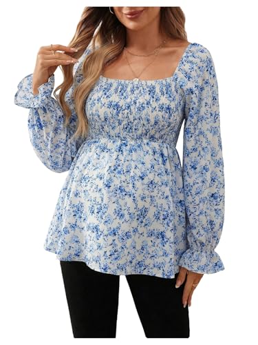 MakeMeChic Women's Maternity Blouse Long Sleeve Ruffle Peplum Dressy Shirts - color: Blue, size: XX-Large