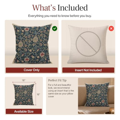 William Morris Fleur de Morris Black Tapestry Throw Pillow Cover 16 x 16 in - color: Red,cream,red