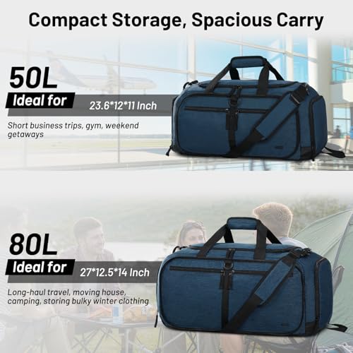 MIER Packable Travel Duffle Bag with Shoe Compartment, 50L, Dark Blue - color: Dark Blue, size: 50L