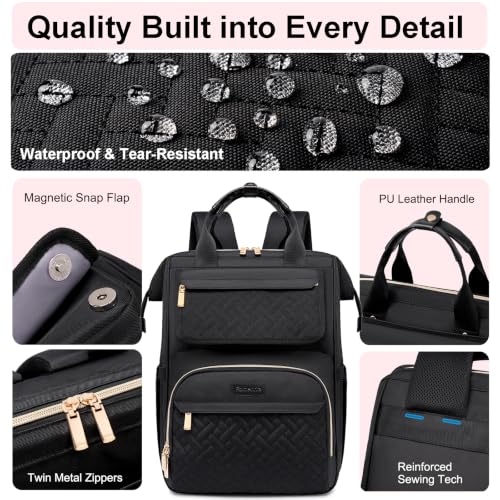 Lunch Backpack For Women, 15.6 Inch Laptop Backpack with Lunchbox - color: Black