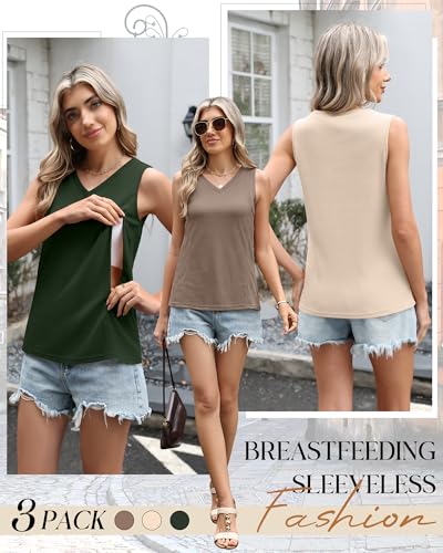 3 Pack Women's Waffle Nursing Tank Tops - color: Army Green, Cream, Coffee, size: Large