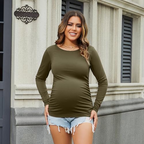 Bhome Women's Maternity Shirts 3 Packs Long Sleeve Pregnancy Tops Basic Side Ruched Tunic Blouse - color: Black/Olive Green/Gray, size: Medium
