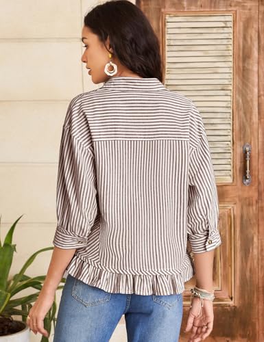 Flygo Womens Striped Button Down Shirts Cropped 3/4 Sleeve Ruffled Blouses - color: Coffee, size: X-Large