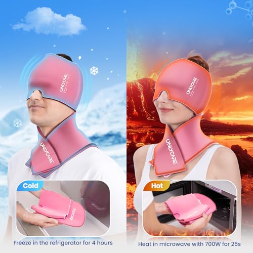 ONLYCARE Migraine Relief Cap & Neck Ice Pack Wrap Gel Set, Headache Relief - color: Pink