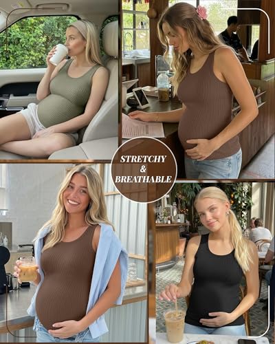 Locoowai 3 Pack Women's Maternity Tank Tops - color: Moss Green, Coffee, Black, size: Medium