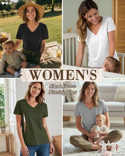 4 Pack Women's Nursing Maternity Shirts - color: Black, White, Light Gray, Army Green, size: Large