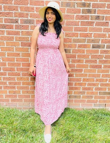 Tobrief Women's Boho Dress Summer Spaghetti Strap Square Neck Flowy Ruffle Beach Long Maxi Dress - color: 04 Pink Floral, size: Medium