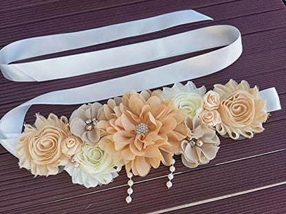 Maternity sash handmade flower sash for baby shower - color: Champagne