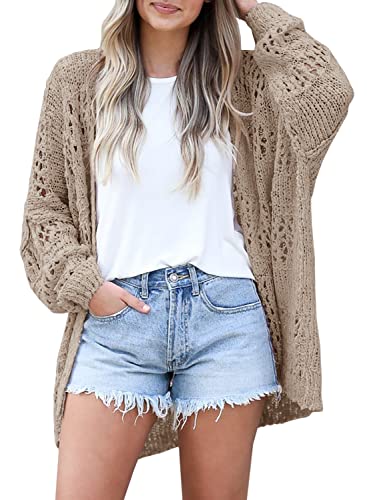 Ermonn Womens Crochet Cardigan Sweater Kimonos Boho Solid Color Oversized Spring Open Front Outwear - color: Apricot, size: Medium