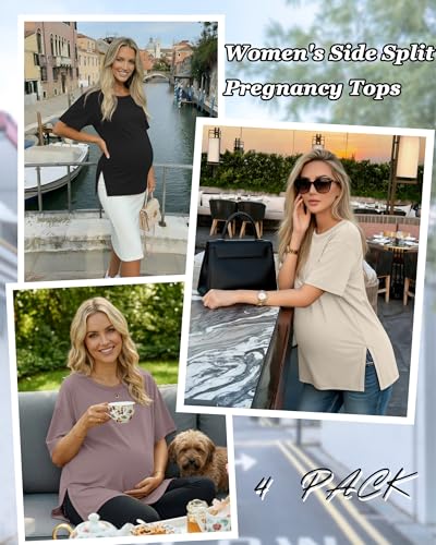 Riyiper 4 Pack Women's Short Sleeve Maternity T Shirts - color: Black, Washed White, Khaki, Dusty Purple, size: Small