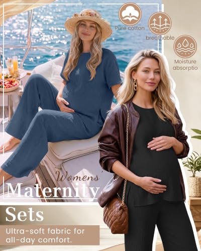 Ficerd 4 Pcs 100% Cotton Muslin Maternity Pajamas Lounge Sets - color: Blue, Black, size: Small