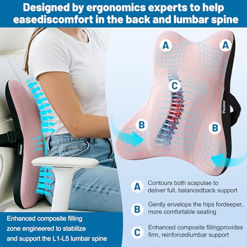 Lumbar Support Pillow, Memory Foam Back Cushion for Car & Office Chair - Pink - color: Pink