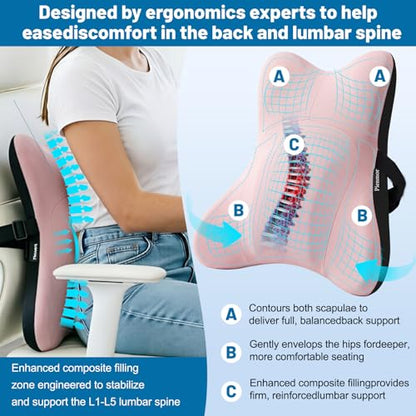 Lumbar Support Pillow, Memory Foam Back Cushion for Car & Office Chair - Pink - color: Pink