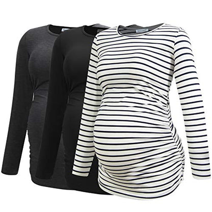 Smallshow Women's Maternity Shirts Long Sleeve Pregnancy Clothes Tops 3-Pack - color: Black-deep Grey-white Stripe(3 Packs), size: Medium