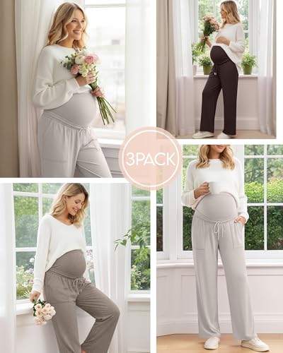 3 Pack Women's Maternity Casual Pants - color: Cream Gray, Light Coffee, Brown, size: Large