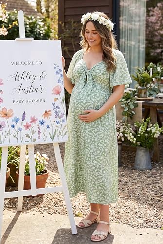 OUGES Women's V Neck Maternity Dress Baby Shower Midi Dresses with Pockets - color: Green Floral, size: Large