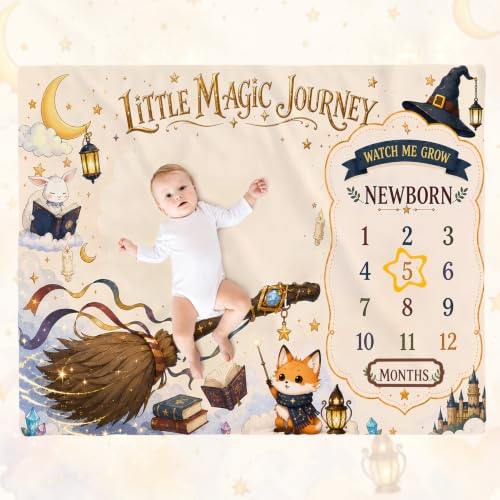 Little Magic Journey Baby Milestone Blanket, Broom Ride and Spell Book Themed Multipurpose with Photo Props for 1-12 Months Newborn Photography Backdrop 50"x40" Wrinkle Free Washable - color: Magic