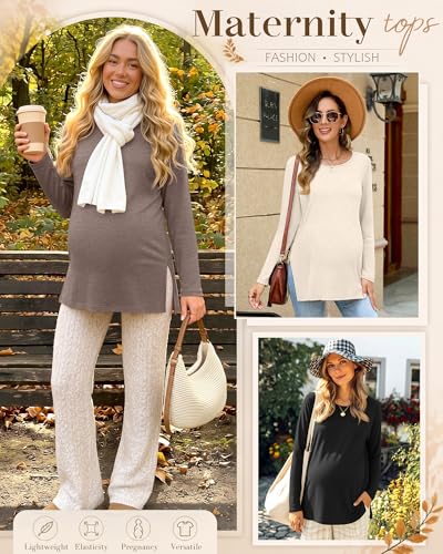 Riyiper 3 Pack Women Maternity Shirts Long Sleeve Pregnancy Tops - color: Camel, Cream, Black, size: X-Large