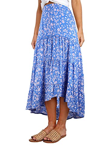 PRETTYGARDEN Women's Ditzy Floral Print Midi Skirt High Low Hem - color: Blue, size: Large