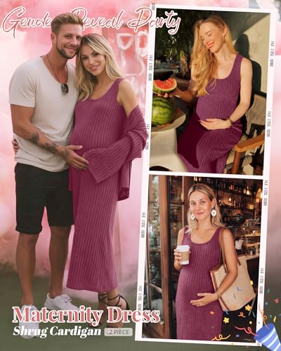 Maternity Dress Set 2 Piece for Baby Shower Party - color: Wine Red, size: Medium