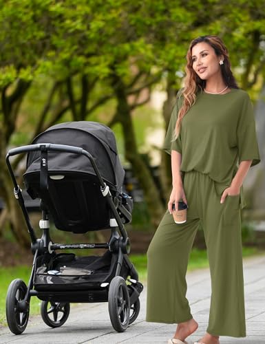 Maternity Lounge Set, 2 Piece Matching Set with Wide Leg Pants - color: Dark Green, size: Small