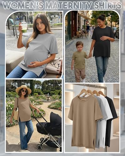 Riyiper 4 Pack Women's Short Sleeve Maternity T Shirts - color: Black, Light Heather Gray, White, Khaki, size: Large