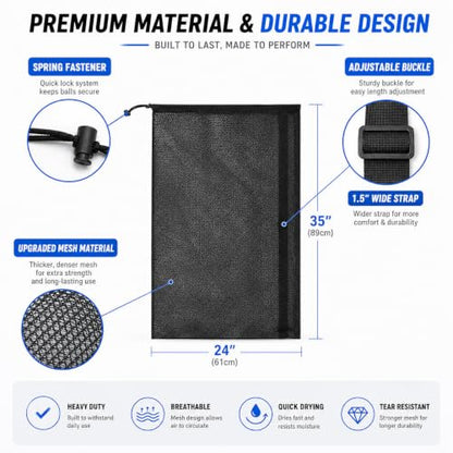 Heavy Duty Mesh Ball Bag, Drawstring Sport Equipment Storage Bag - color: Black-L
