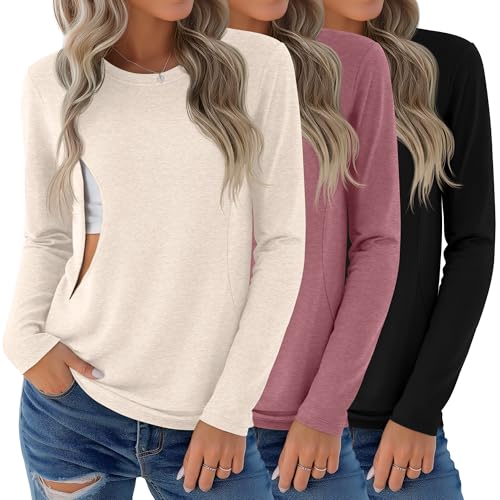3 Pack Women's Nursing Tops Breastfeeding Shirts Fall - color: Apricot, Gray Pink, Black, size: X-Large