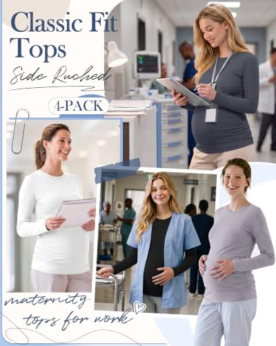 Locoowai 4 Pack Long Sleeve Maternity Underscrub Tops for Nurses - color: Black, White, Dark Gray, Light Gray, size: Medium