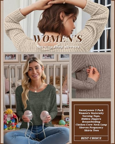 3 Pack Maternity Nursing Ribbed Long Sleeve Tops - color: Army Green, Apricot, Coffee, size: Large