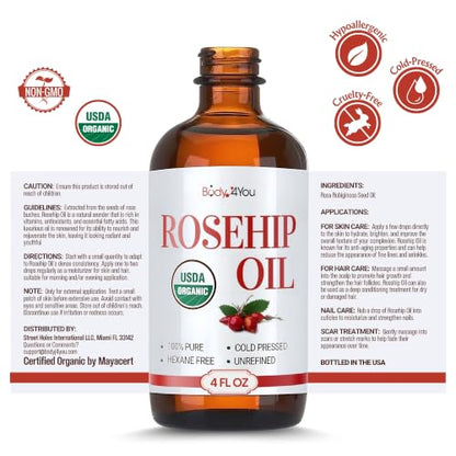 BodyJ4You Rosehip Seed Oil for Face Skin - USDA Organic Cold Pressed Pure - size: 4 Fl Oz (Pack of 1)